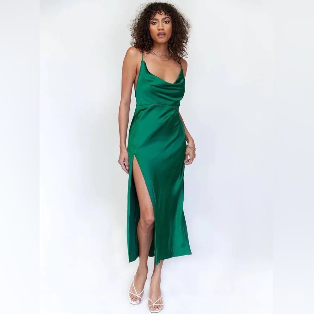 Lioness Green Walk The Line Satin Midi Dress